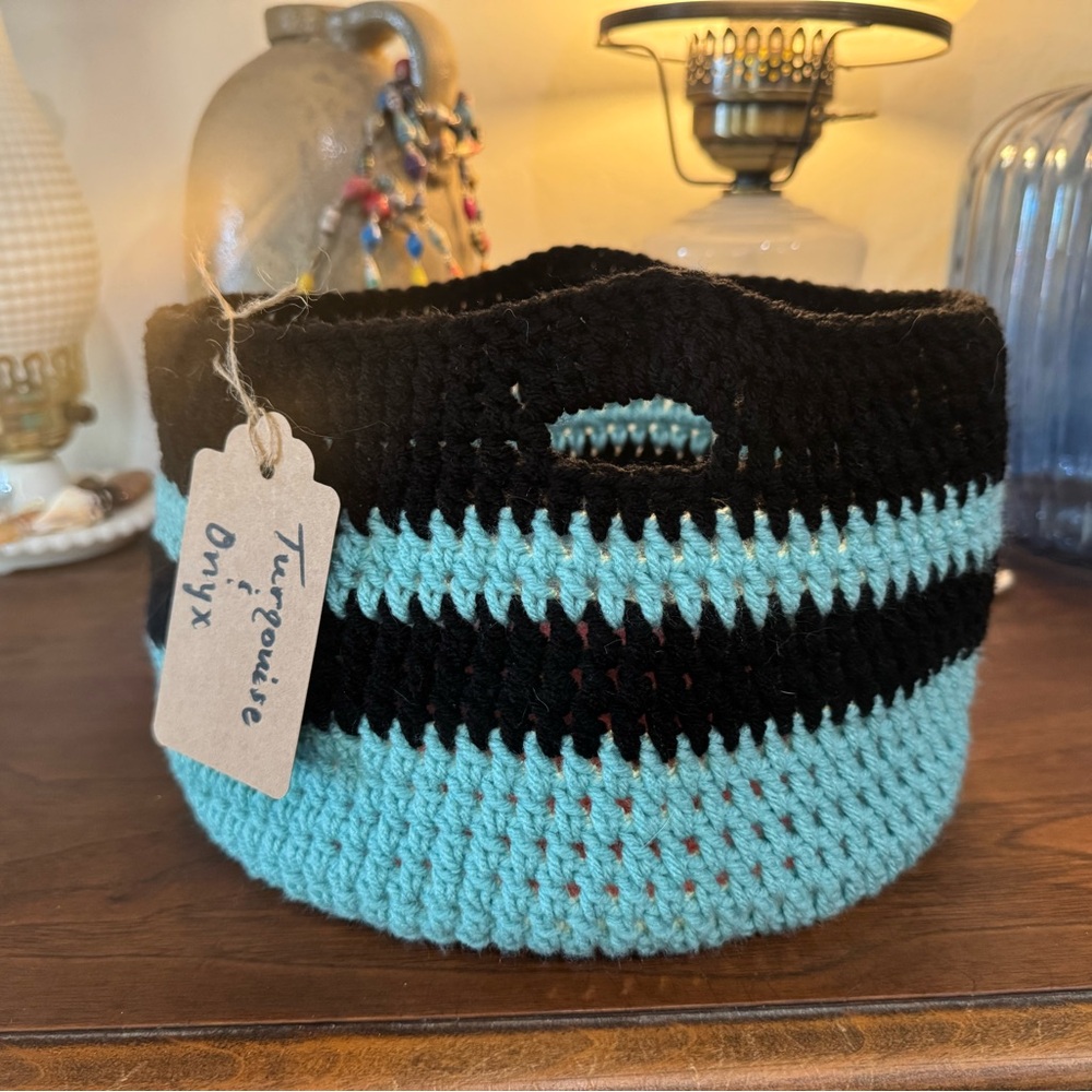 Turquoise and Black Crochet Basket